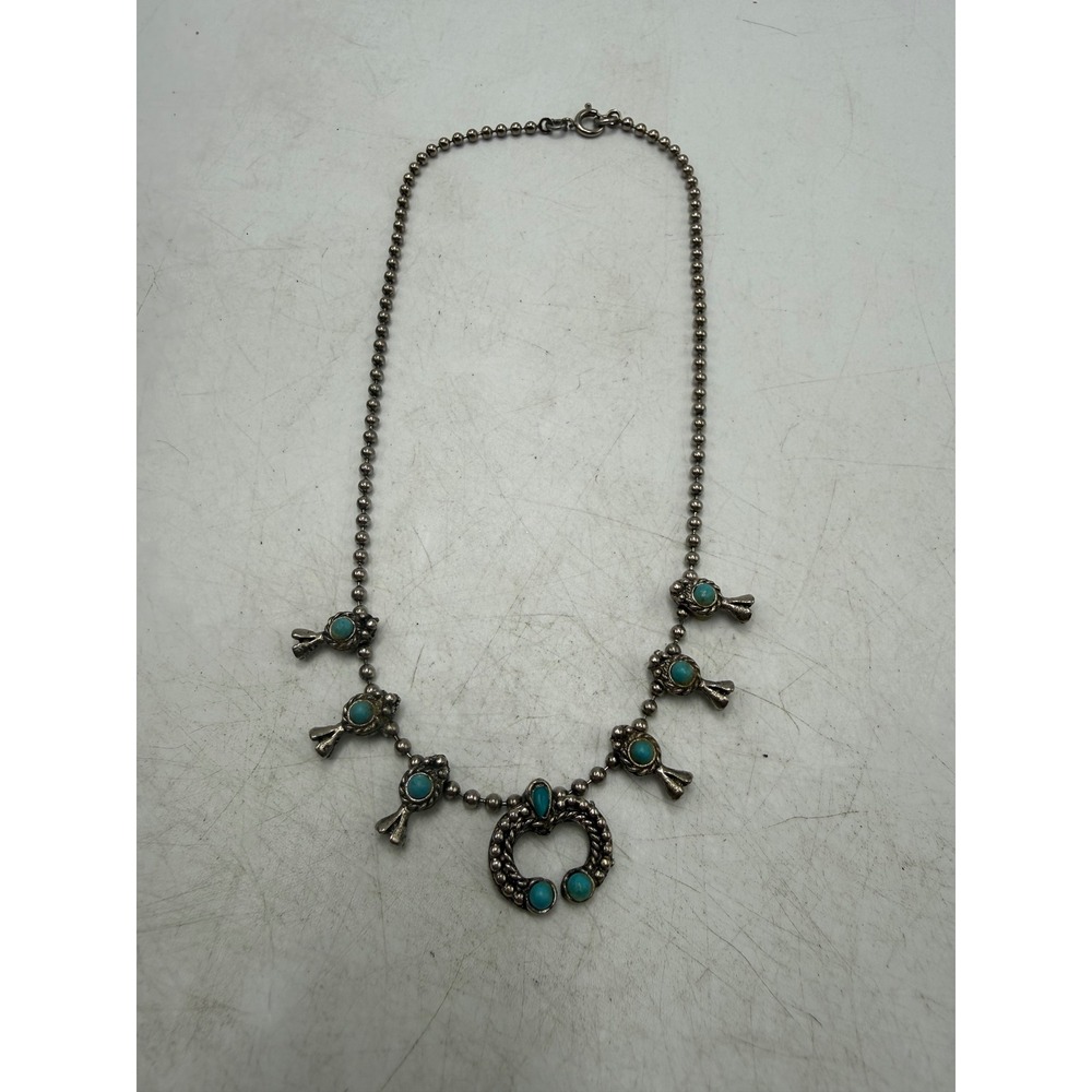 Vintage Southwestern Turquoise Naja Squash Blossom Ball Chain Necklace 16 Inch